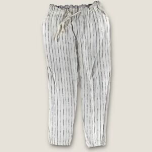 Nina Kendosa Paris 100% Linen Pants Italy Gray White Striped Elastic Waist